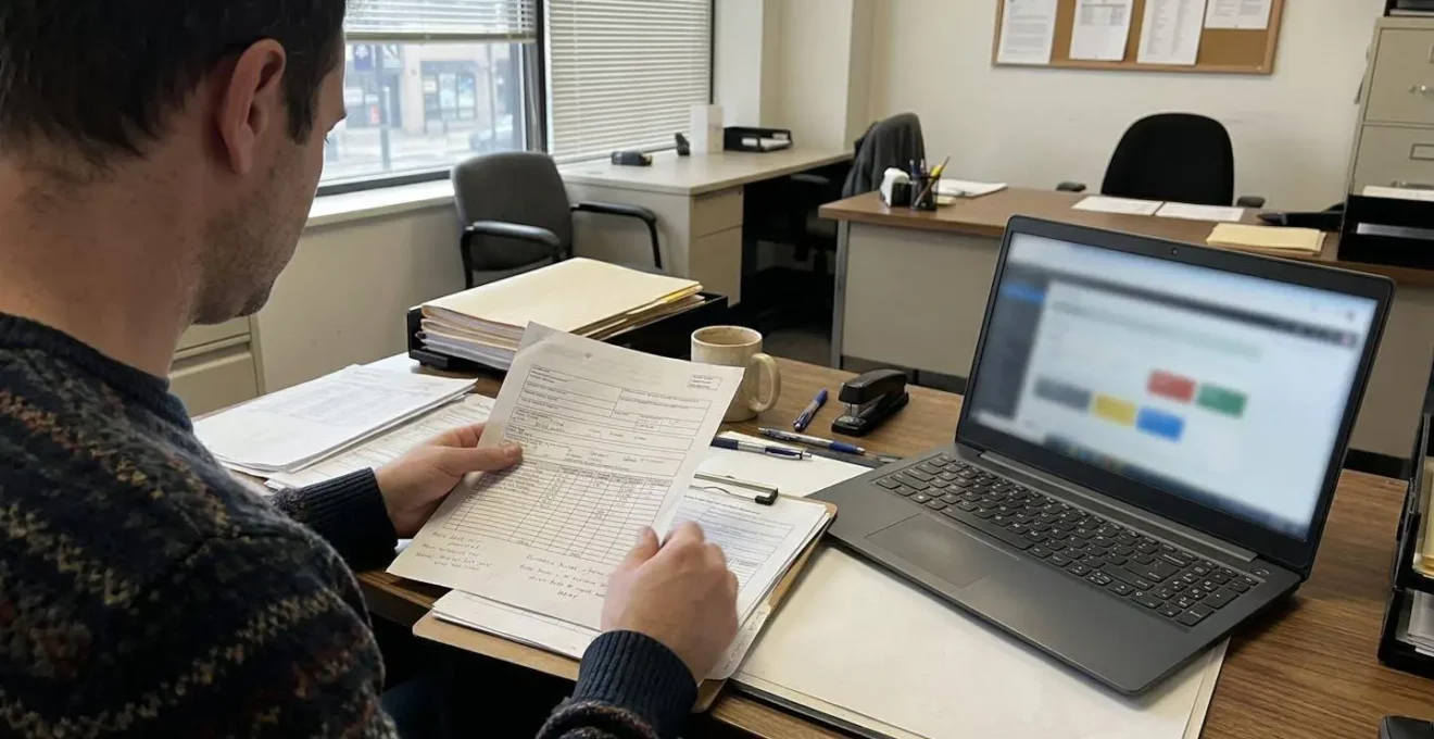Personne assise à un bureau modeste consultant des documents administratifs, expression concentrée, lumière naturelle par la fenêtre