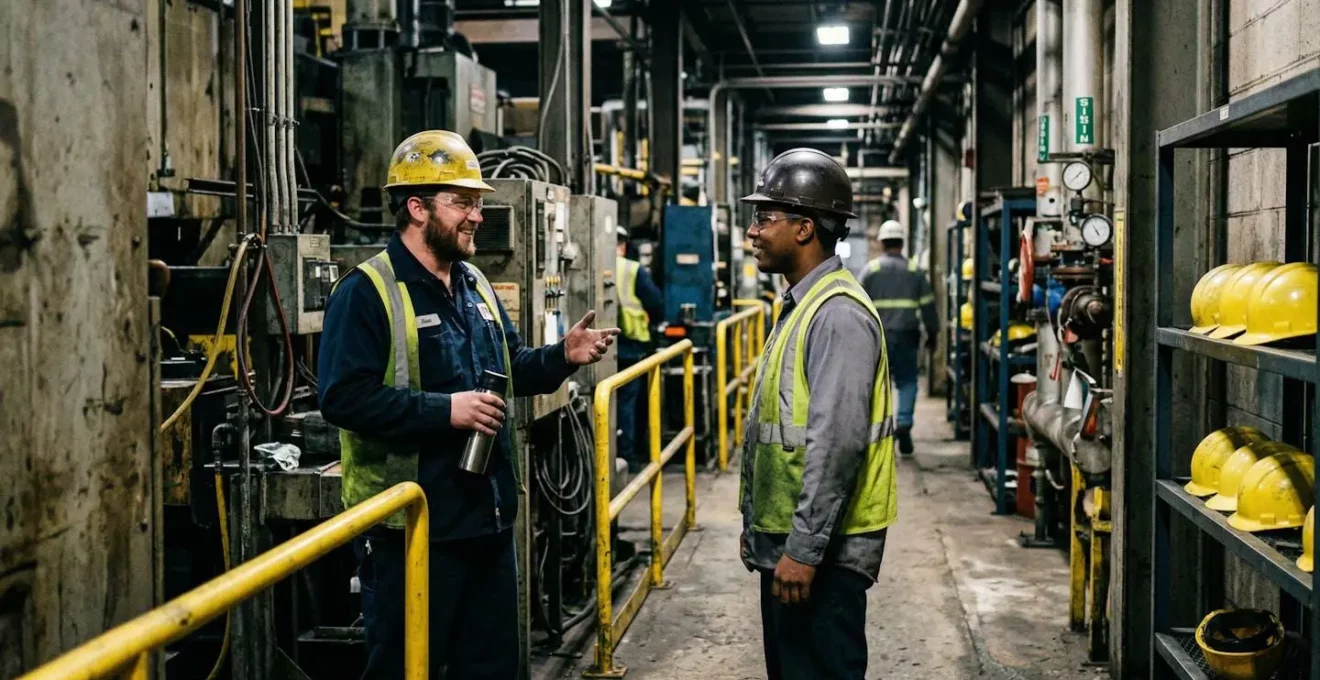 Deux collègues échangeant de manière informelle dans un couloir d'usine, casques de chantier visibles à l'arrière-plan