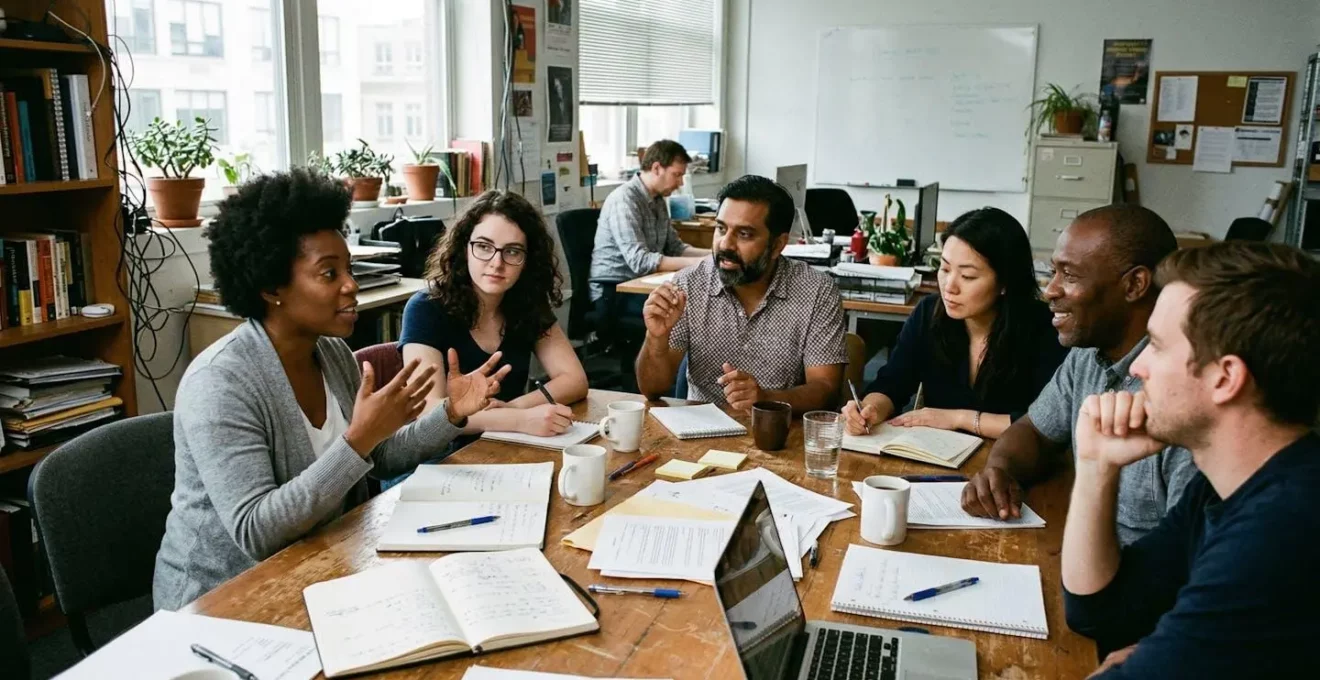 Groupe de personnes échangeant autour d'une table de réunion dans une salle de formation simple, carnets et documents posés devant elles