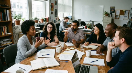 Groupe de personnes échangeant autour d'une table de réunion dans une salle de formation simple, carnets et documents posés devant elles